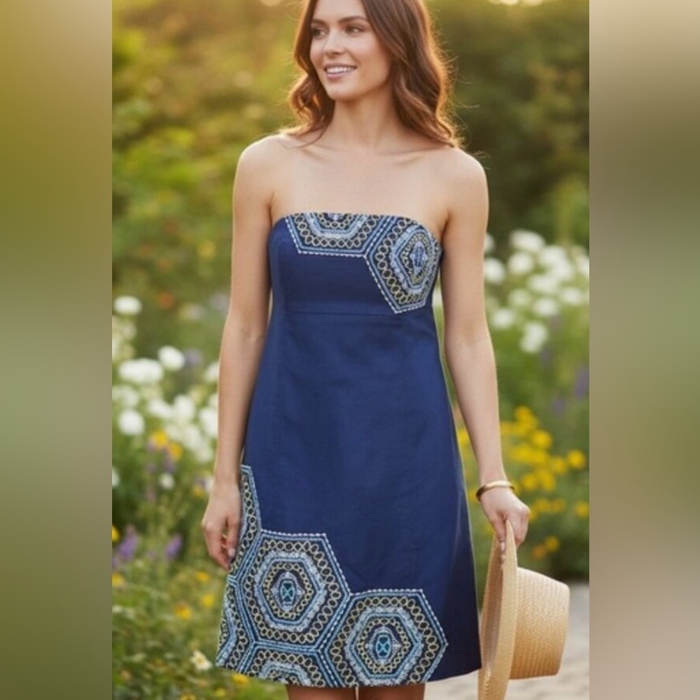 Lilly Pulitzer Honeycomb Home Pique Strapless Embroidered Bowen Dress Size 2